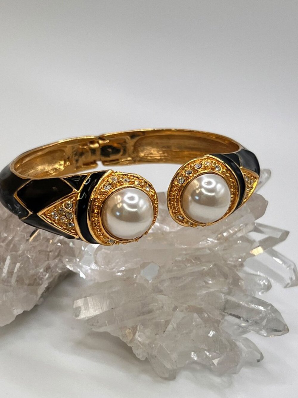 Vintage Kenneth Jay Lane KJL Black Enamel Faux Pearl Hinged Bracelet